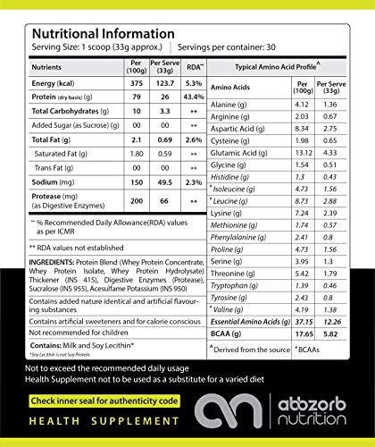 Abbzorb Whey Protein 26g Protein | 5.8g BCAA -with Digestive Enzymes|Guranteed Lab Report (Vanilla, 1 Kg) - Image 6