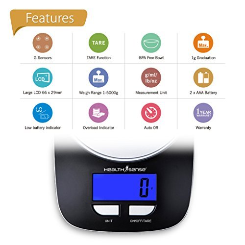 HealthSense Chef-Mate KS 33 Digital Kitchen Scale and Food Scale with Detachable Bpa Free Bowl and Tare Function (Dark Black)
