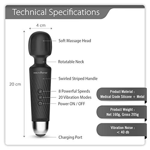 HealthSense Magic-Vibe HM 260 Cordless Handheld Personal Body Massager for Pain Relief & Rechargeable Vibration Machine with 8 Speeds, 20 Modes & 1 Year Warranty (Black) - Image 8