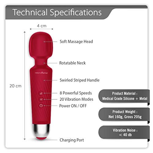 HealthSense Magic-Vibe HM 260 Cordless Handheld Personal Body Massager for Pain Relief & Rechargeable Vibration Machine with 8 Speeds, 20 Modes & 1 Year Warranty (Cherry) - Image 8