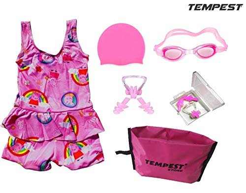TEMPEST Swimming Kit for Girls | Kids with 1 Swimming Costume | Swim Suit | Swimwear | Swimming Dress Goggles Cap Ear Plug Nose Clip with Free KIT Bag (5-6 Years)