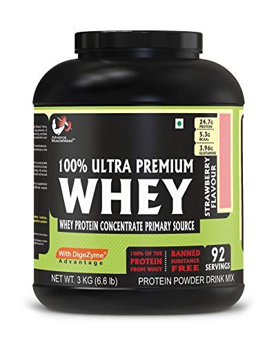 Advance MuscleMass Whey Protein Concentrate With Enzyme Blend| 24.7 g protein | Lab tested | Raw Whey from USA | Strawberry Flavour | 3 Kg (6.6 lb) - Image 2