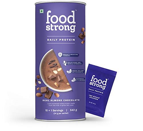 Foodstrong Daily Protein | Real Almond Chocolate |Natural Grass-fed Whey Protein Powder With Turmeric & Green Tea | No Antibiotics, No Preservatives, Zero Sugar | Builds Lean Muscle| 16 sachets| 543g