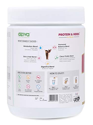 OZiva Protein & Herbs, Women, (Natural Protein Powder with Ayurvedic Herbs like Shatavari, Giloy, Curcumin & Multivitamins for Better Metabolism, Skin & Hair) Chocolate,500g - Image 3