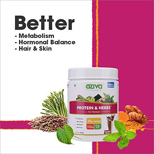 OZiva Protein & Herbs, Women, (Natural Protein Powder with Ayurvedic Herbs like Shatavari, Giloy, Curcumin & Multivitamins for Better Metabolism, Skin & Hair) Chocolate,500g - Image 6