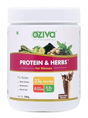 OZiva Protein & Herbs, Women, (Natural Protein Powder with Ayurvedic Herbs like Shatavari, Giloy, Curcumin & Multivitamins for Better Metabolism, Skin & Hair) Chocolate,500g