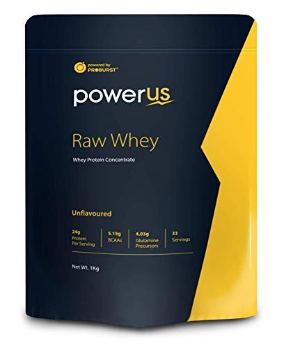 Powerus Raw Whey 1kg (Unflavoured), Whey Protein Concentrate 80%, 24g Protein, 5.15 g BCAA, 4.03 g Glutamine