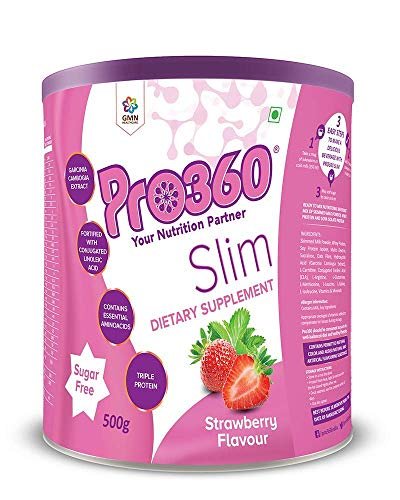 Pro360 Slim Weight Management Meal Replacement Protein Shake (Strawberry Flavour) No Added Sugar, Dietary Supplement For Men & Women, 500Gm
