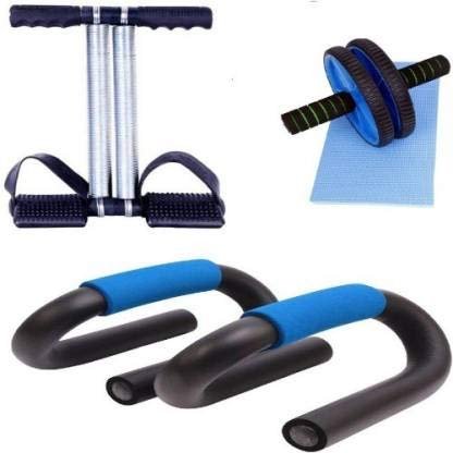 RKR Double Spring Tummy Trimmer With Ab Wheel Exerciser with Blue pushup Stand Home Gym Combo (Above 120 kg) Gym & Fitness Kit