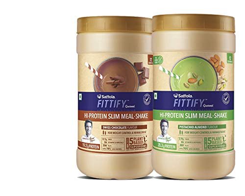 Saffola FITTIFY Gourmet Assorted Flavors, Saffola Fittify Gourmet Hi Protein Slim Meal-Shake, Meal Replacement with 5 superfoods, 420 gm (Swiss Chocolate & Pistachio Almond) COMBO OFFERS