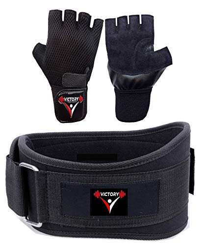 Victory Fitness Combo 4.5’’ Inch Wide Weightlifting Gym Belt & Back Support and Gym Glove Leather Palm with Net (Black)