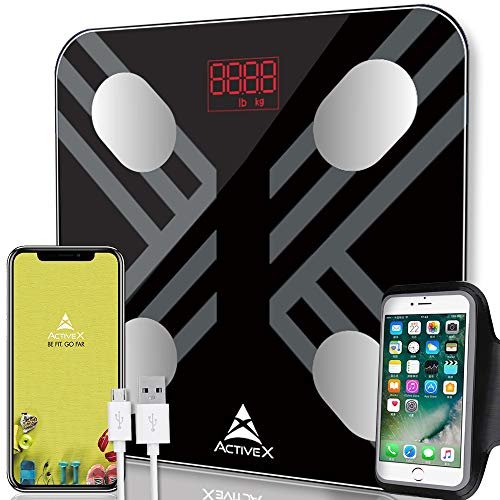 ActiveX (Australia) Savvy Plus Body Fat Scale - Rechargeable Digital Body Composition Body Fat Scale with free ActiveX app and Free Armband Mobile Holder- Charcoal Black