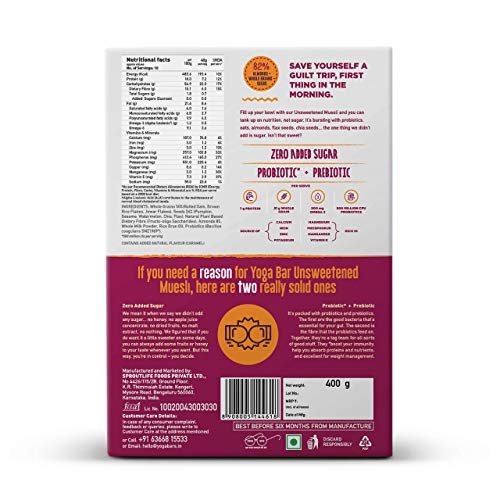 Yogabar Super Muesli, No Added or Hidden Sugar, Breakfast Muesli with Probiotics & Prebiotics, 82% Almonds + Whole Grains + Chia Seeds + Flax Seeds, 400gm Each - Image 4