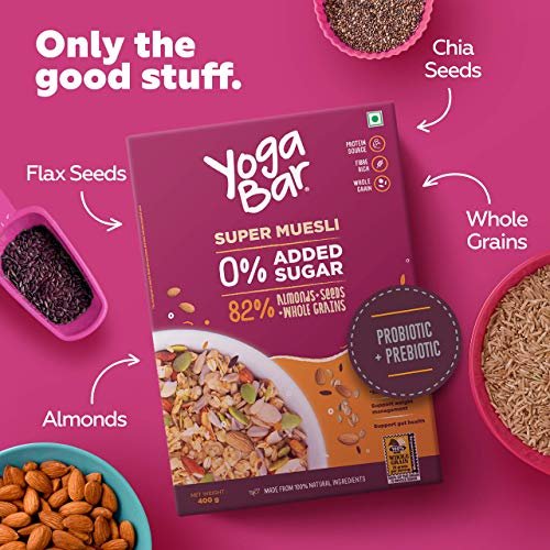 Yogabar Super Muesli, No Added or Hidden Sugar, Breakfast Muesli with Probiotics & Prebiotics, 82% Almonds + Whole Grains + Chia Seeds + Flax Seeds, 400gm Each - Image 7