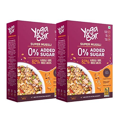 Yogabar Super Muesli, No Added or Hidden Sugar, Breakfast Muesli with Probiotics & Prebiotics, 82% Almonds + Whole Grains + Chia Seeds + Flax Seeds, 400gm Each