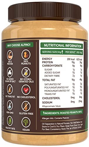 Alpino Natural Peanut Butter Crunch 1 KG | Unsweetened | 30 G Protein | 100% Roasted Peanuts | No Added Sugar, Salt or Hydrogenated Oils | High Protein Peanut Butter Crunchy | Gluten-Free | Vegan - Image 3