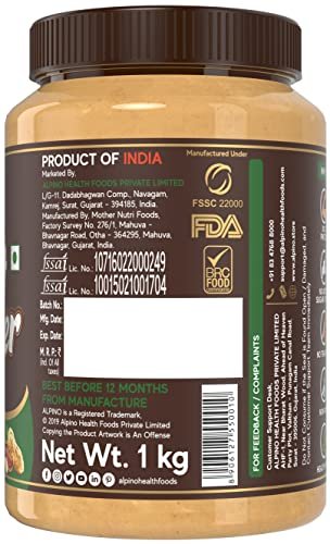 Alpino Natural Peanut Butter Crunch 1 KG | Unsweetened | 30 G Protein | 100% Roasted Peanuts | No Added Sugar, Salt or Hydrogenated Oils | High Protein Peanut Butter Crunchy | Gluten-Free | Vegan - Image 4