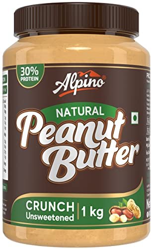 Alpino Natural Peanut Butter Crunch 1 KG | Unsweetened | 30 G Protein | 100% Roasted Peanuts | No Added Sugar, Salt or Hydrogenated Oils | High Protein Peanut Butter Crunchy | Gluten-Free | Vegan