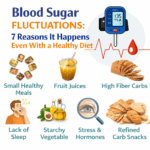 Blood sugar fluctuations concept with glucometer and healthy food plate