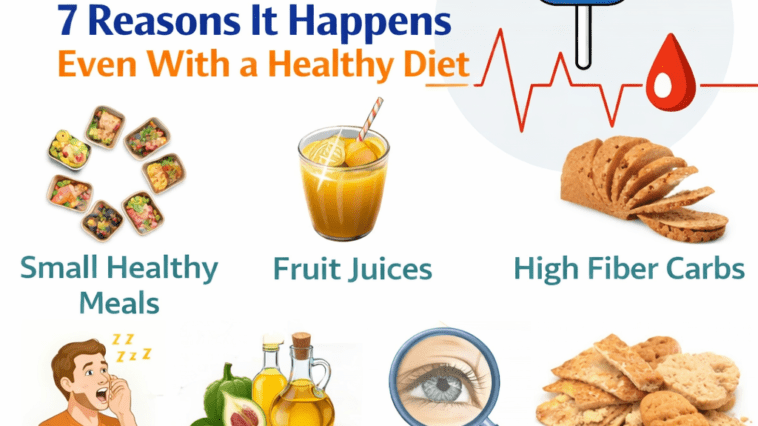Blood sugar fluctuations concept with glucometer and healthy food plate
