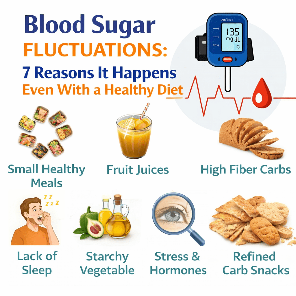 Blood sugar fluctuations concept with glucometer and healthy food plate