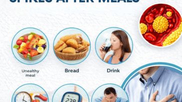 blood sugar spikes after meals flat lay glucometer and meal concept