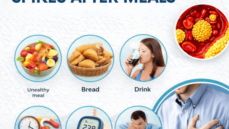 blood sugar spikes after meals flat lay glucometer and meal concept