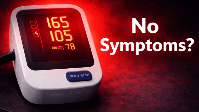 high blood pressure no symptoms silent disease concept with BP monitor alert