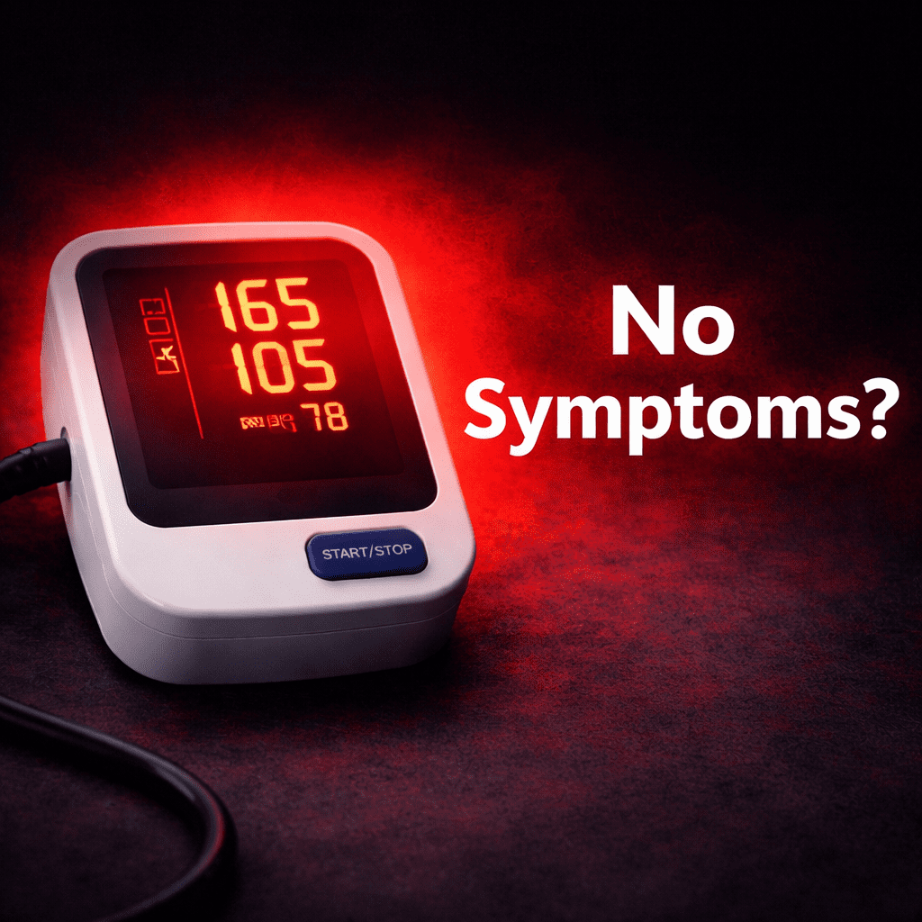 high blood pressure no symptoms silent disease concept with BP monitor alert