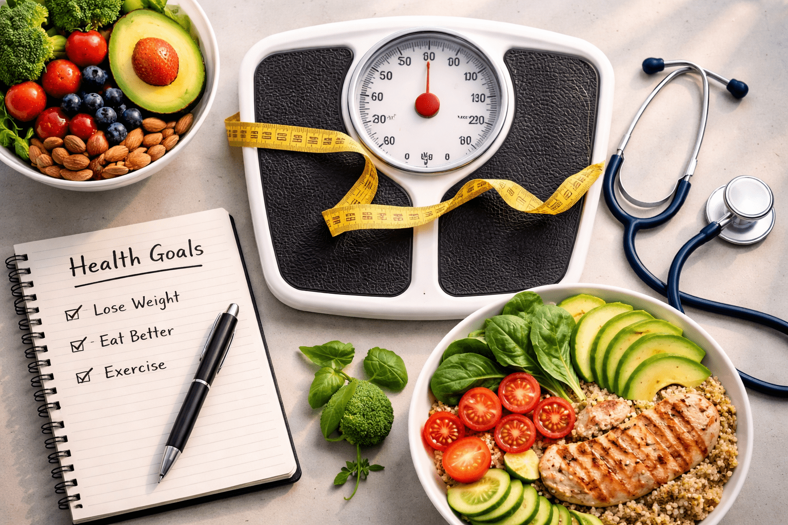 hormones and weight gain explained with medical objects and metabolism tools