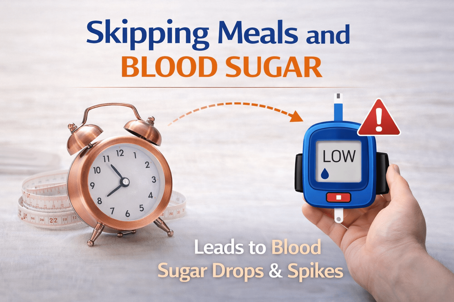 Skipping meals and blood sugar fluctuations concept with glucometer and meal timing note