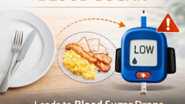 Skipping meals and blood sugar instability shown with glucometer and empty plate
