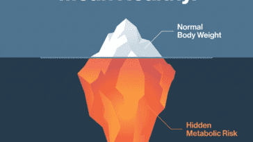 Thin body but unhealthy metabolism illustration showing hidden visceral fat and metabolic risk beneath normal weight